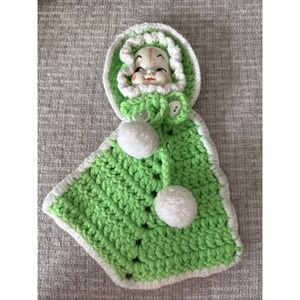 Doll Face Kitschy Crochet Potholder Kitchen Green and White Handmade